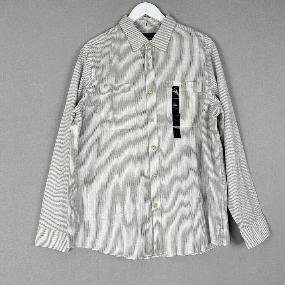 Banana Republic Mens Shirt Large White Coastal Mini Stripe Button Front Office